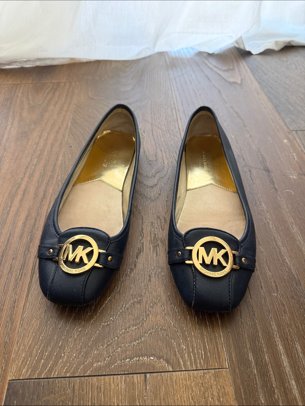 Michael Kors Navy Ballet Flats with Gold MK Emblem